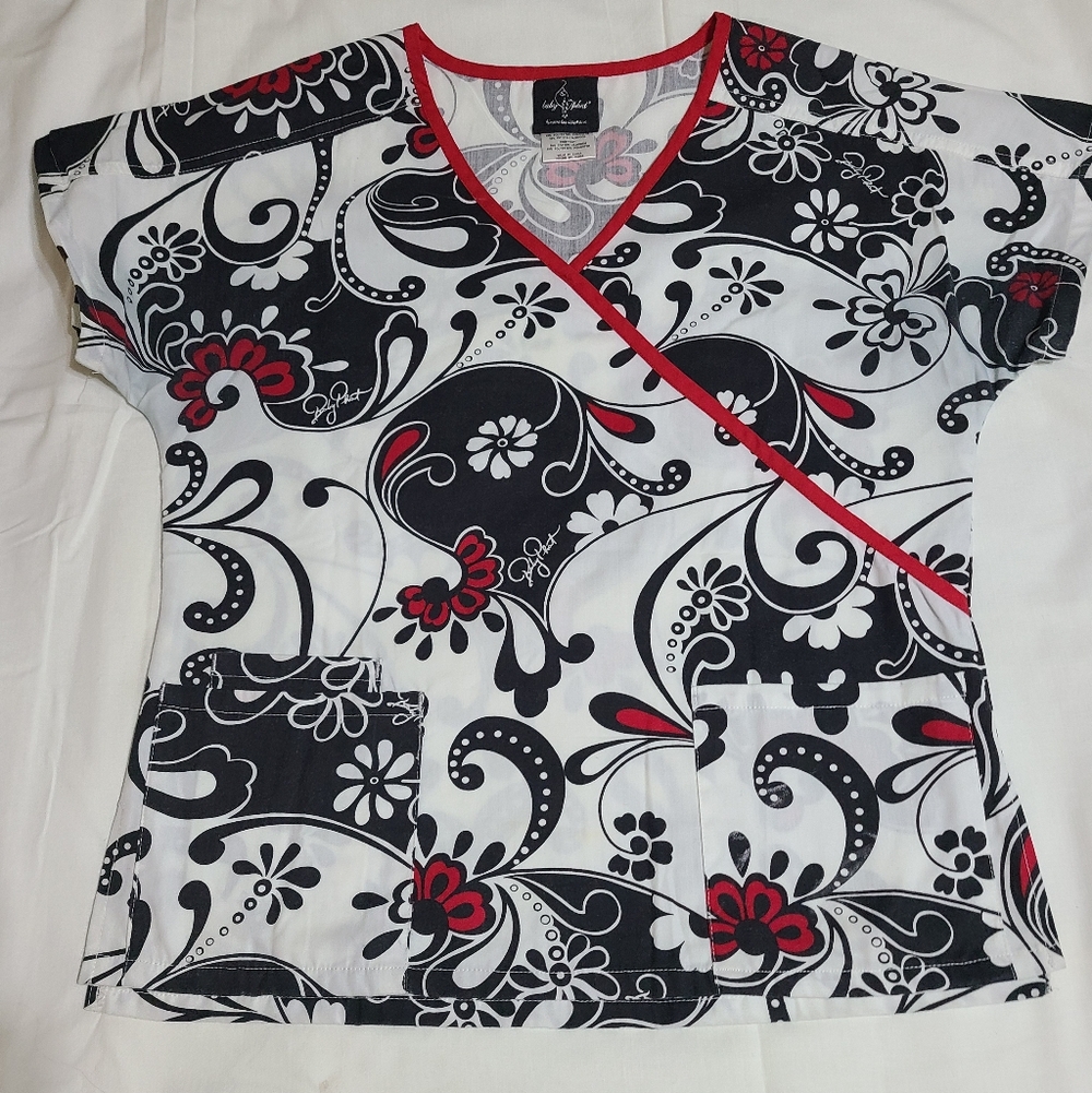 Cherokee Black and White Floral Blouse with Red Trim